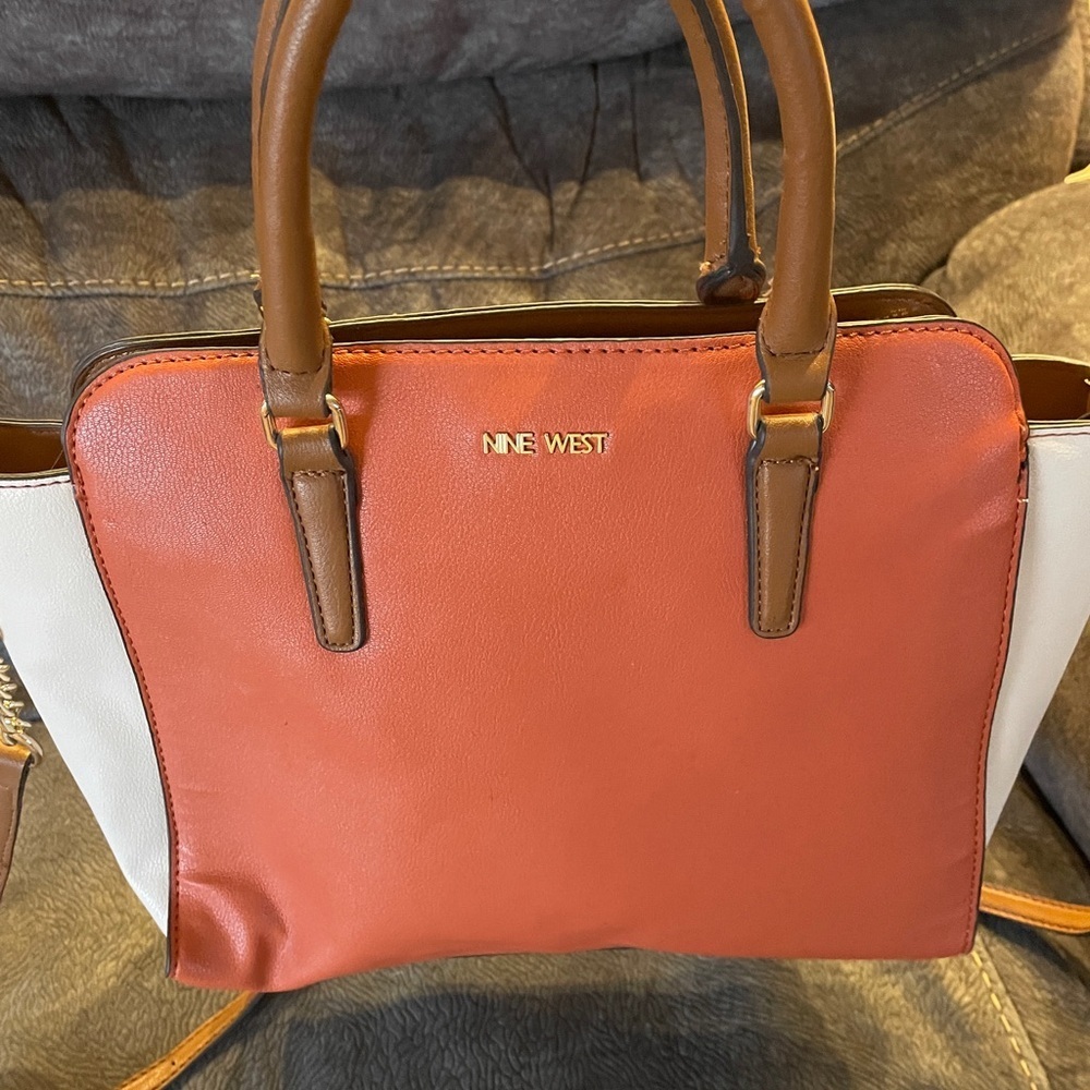 Ninewest coral, cream and brown leather handbag
